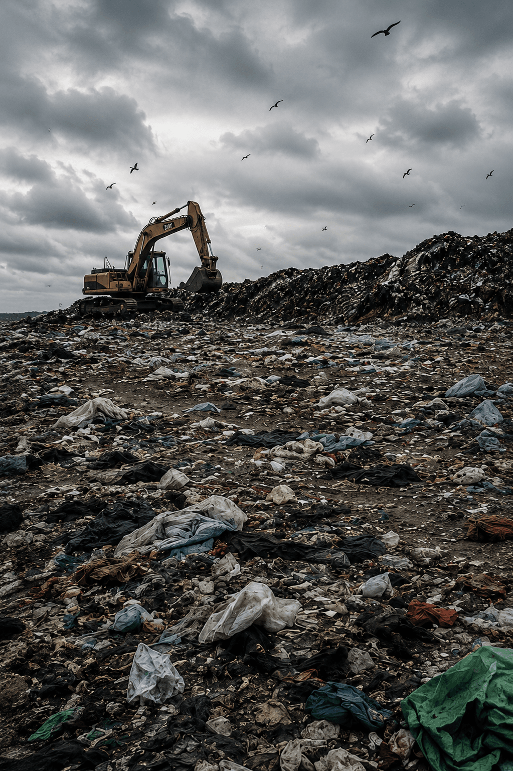 A large pile of discarded clothing and textiles