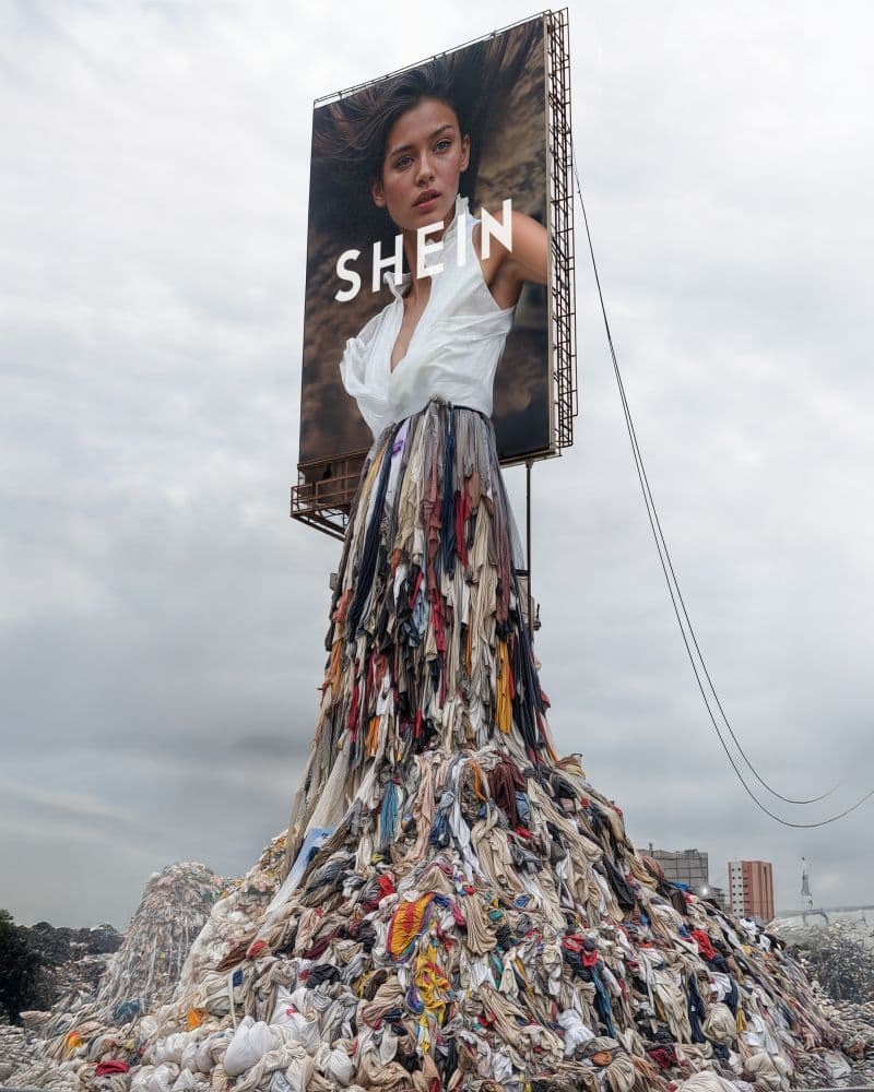 A fashion billboard above a mound of discarded clothing in a landfill